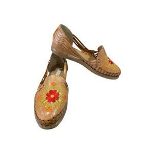 Sandua Women's Floral Embroidered Flats Size 7 Mexican Sandals Brown Leather